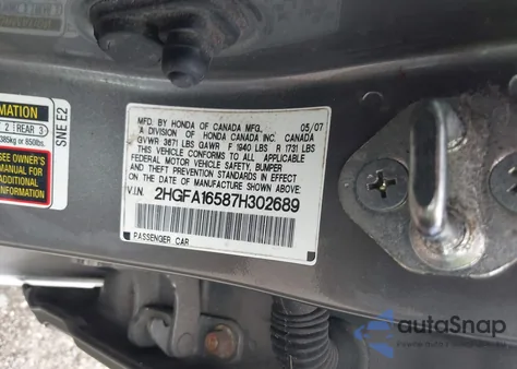 2007 Honda Civic Lx from USA, damaged, VIN 2HGFA16587H302689